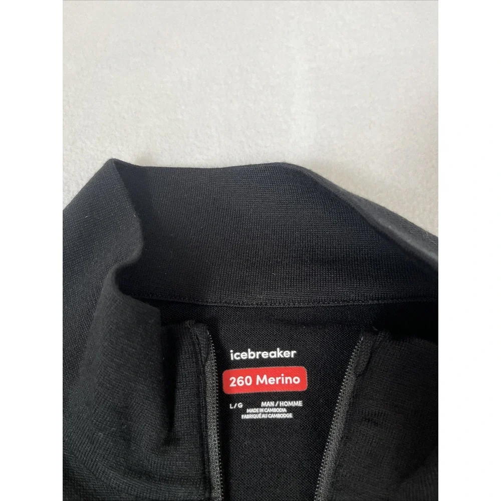 Icebreaker 260 Tech Mens Large Black Merino Wool Half Zip Base Layer Thermal